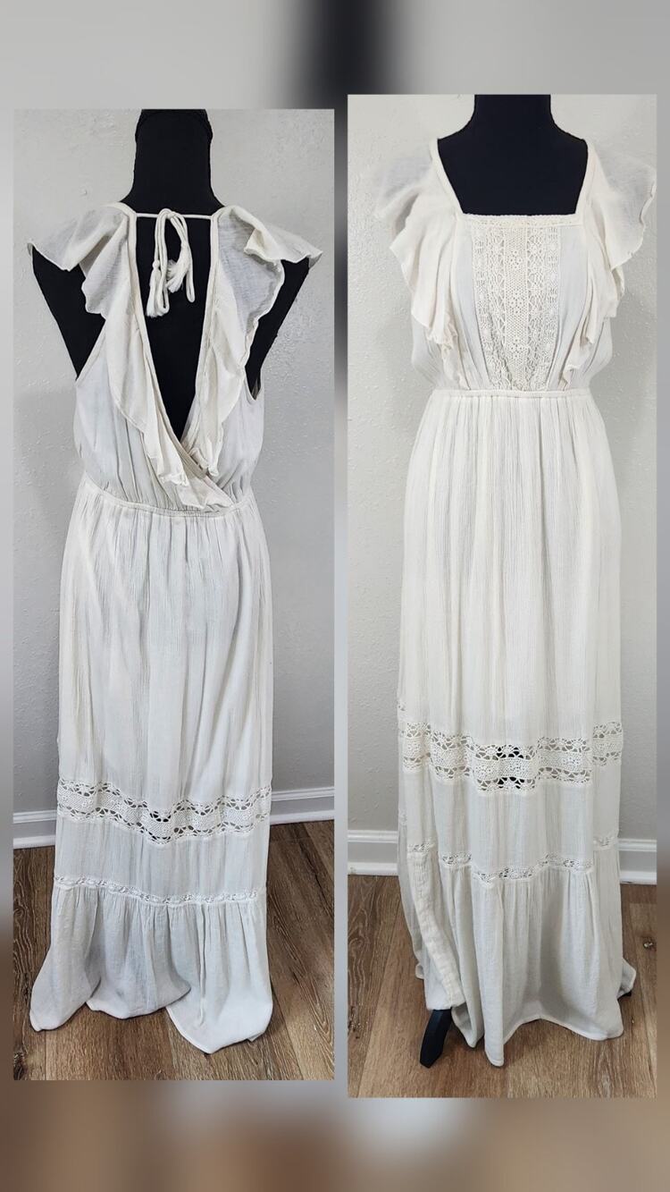 Boho Crochet Tiered Maxi Dress Medium Ruffle Lace Cottage Country Cowgirl Dainty